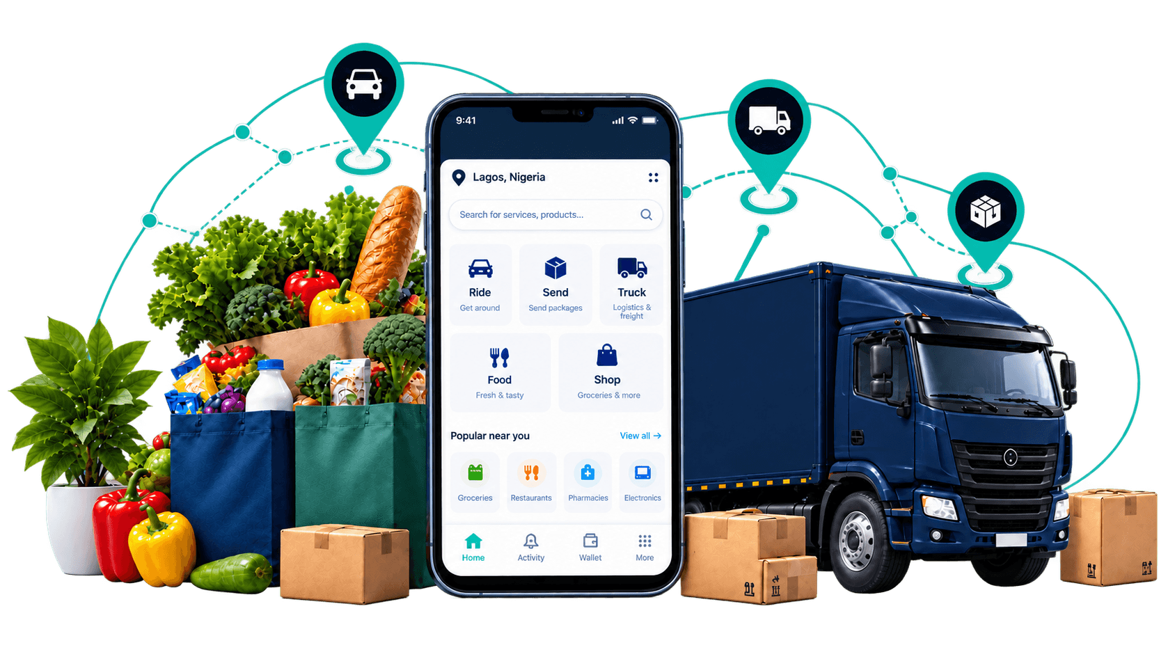 Karryam app with a delivery truck and grocery bags showing smart fulfilment